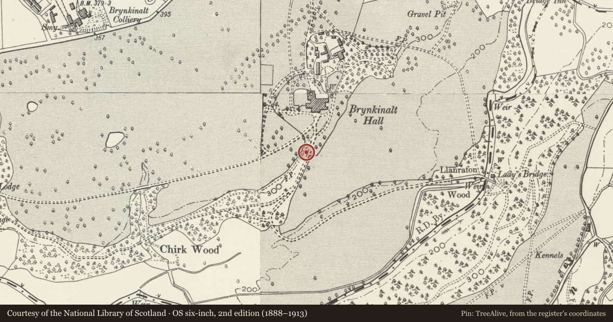 Ordnance Survey six-inch map, 2nd edition (1888–1913) covering the location of Arbour within Brynkinallt Park, Chirk, Wrexham, with a pin at the register's coordinates