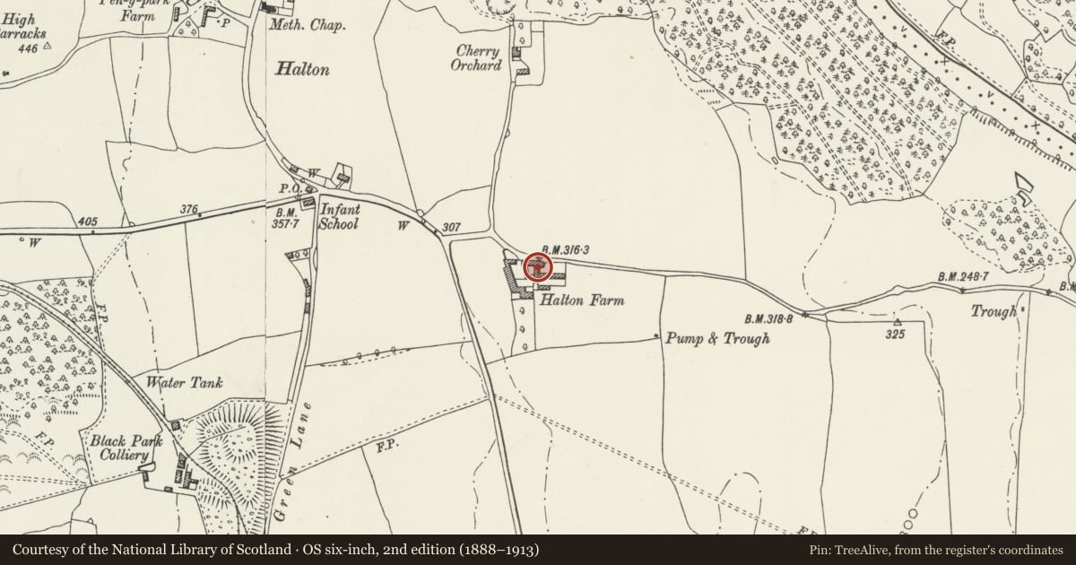 Ordnance Survey six-inch map, 2nd edition (1888–1913) covering the location of Two adjoining Ranges of Farm Buildings, with a Horse Gin at Halton Farm, Chirk, Wrexham, with a pin at the register's coordinates