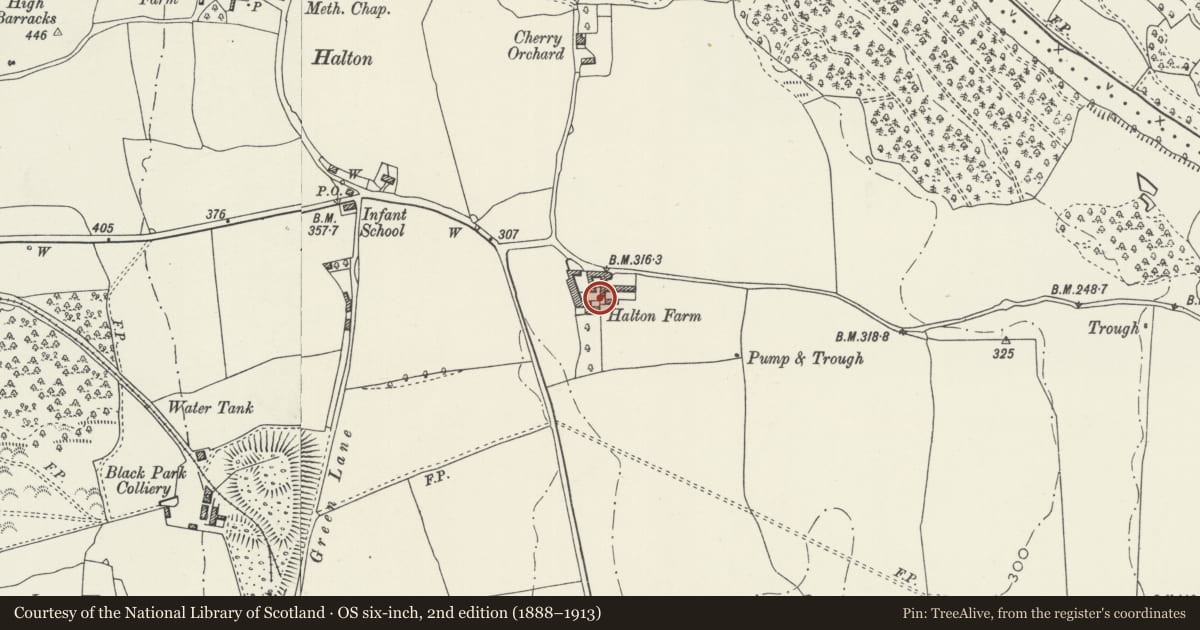 Ordnance Survey six-inch map, 2nd edition (1888–1913) covering the location of Dog Kennel and Mounting Block at Halton Farm, Chirk, Wrexham, with a pin at the register's coordinates