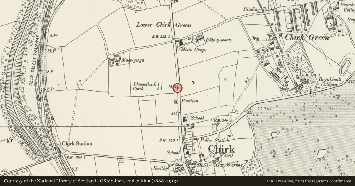 Ordnance Survey six-inch map, 2nd edition (1888–1913) covering the location of Telford Milestone (83), Chirk, Wrexham, with a pin at the register's coordinates