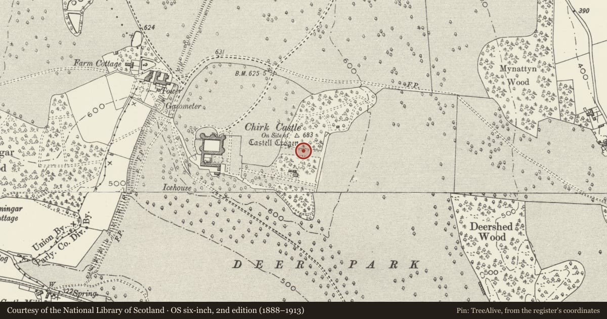 Ordnance Survey six-inch map, 2nd edition (1888–1913) covering the location of Statue of Hercules, Chirk, Wrexham, with a pin at the register's coordinates