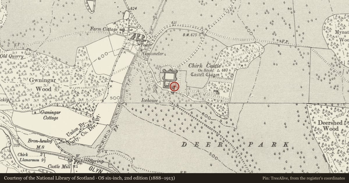 Ordnance Survey six-inch map, 2nd edition (1888–1913) covering the location of Sundial in the E Garden, Chirk, Wrexham, with a pin at the register's coordinates