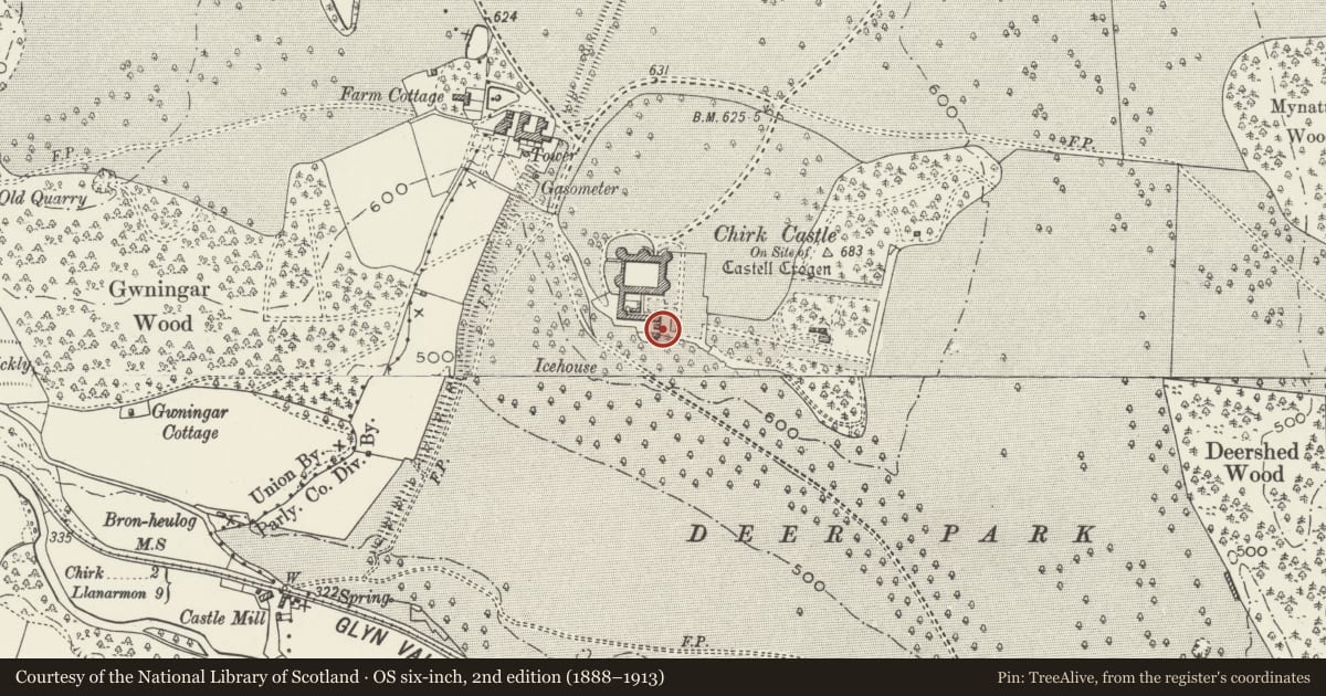 Ordnance Survey six-inch map, 2nd edition (1888–1913) covering the location of Bronze Statue on a plinth in the E garden, Chirk, Wrexham, with a pin at the register's coordinates