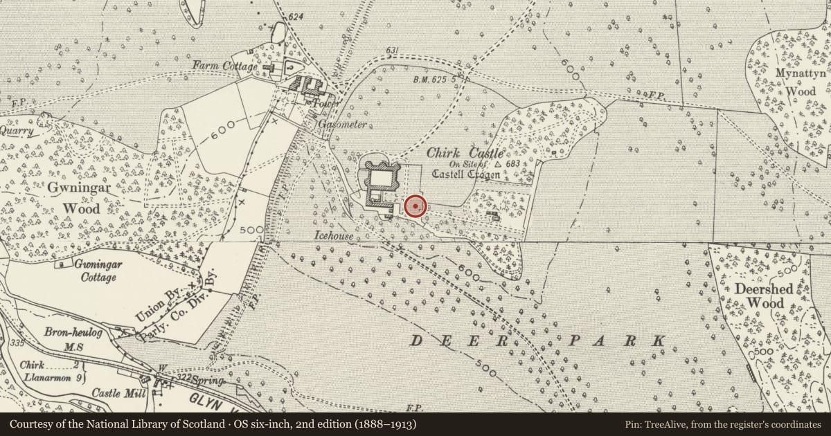 Ordnance Survey six-inch map, 2nd edition (1888–1913) covering the location of Statue in the E Garden, Chirk, Wrexham, with a pin at the register's coordinates