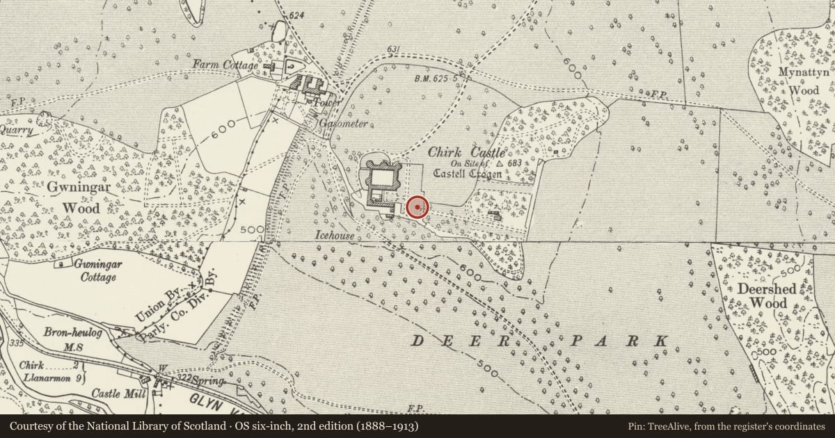 Ordnance Survey six-inch map, 2nd edition (1888–1913) covering the location of Statue in the E Garden, Chirk, Wrexham, with a pin at the register's coordinates