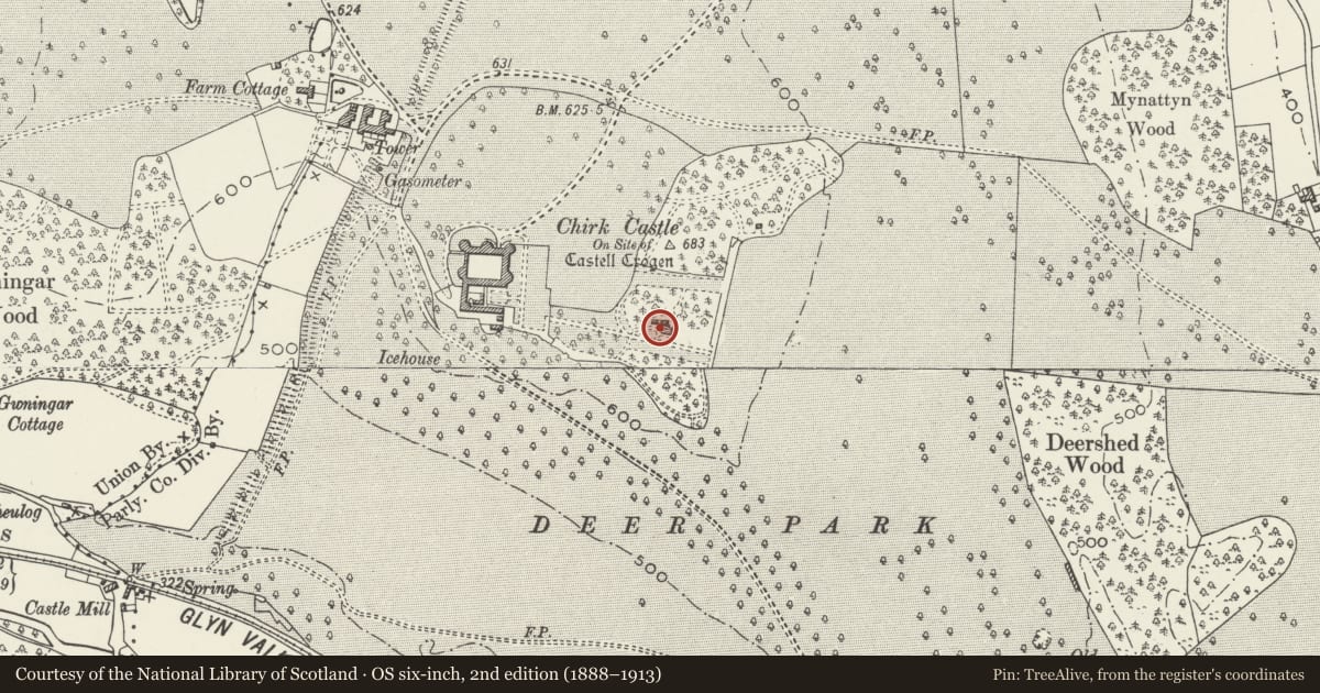 Ordnance Survey six-inch map, 2nd edition (1888–1913) covering the location of Hawk House in the E Garden, Chirk, Wrexham, with a pin at the register's coordinates