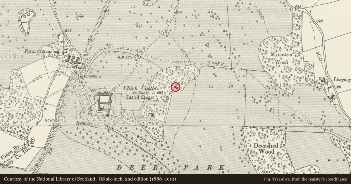Ordnance Survey six-inch map, 2nd edition (1888–1913) covering the location of Gazebo, Chirk, Wrexham, with a pin at the register's coordinates