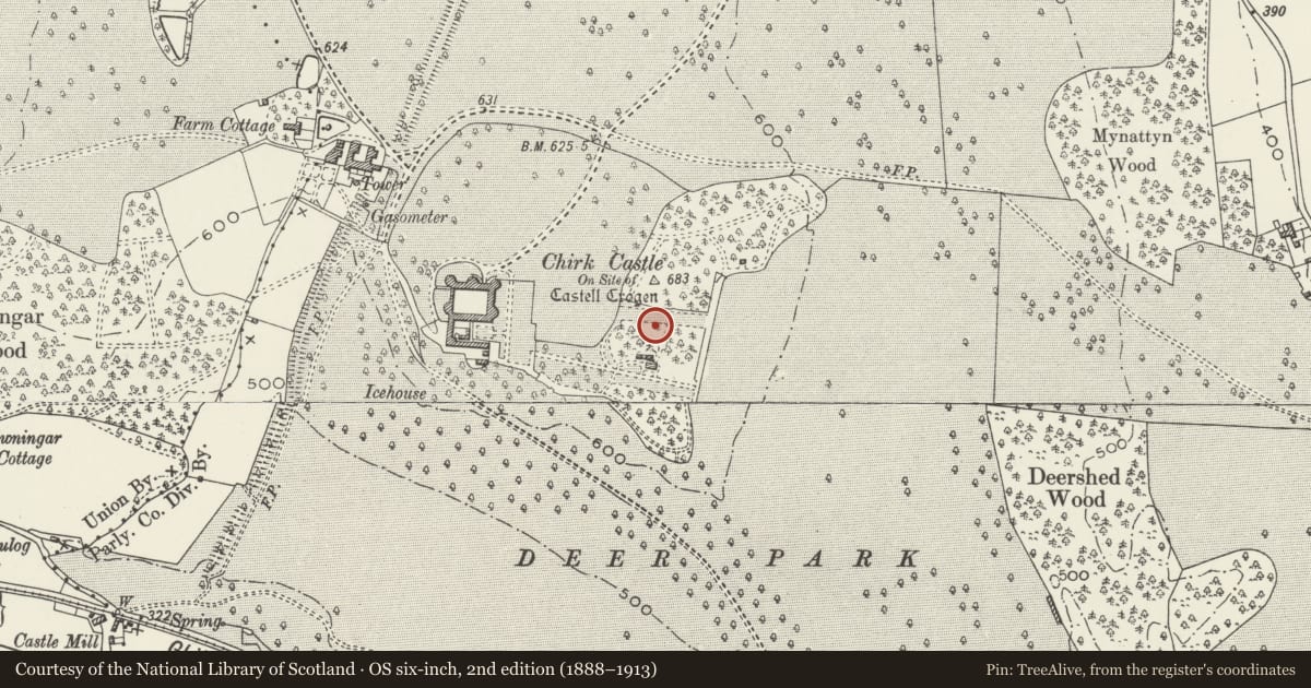 Ordnance Survey six-inch map, 2nd edition (1888–1913) covering the location of Medieval Font in the E Garden, Chirk, Wrexham, with a pin at the register's coordinates
