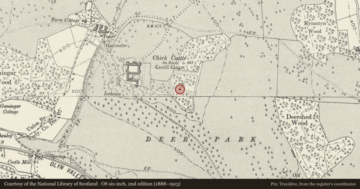 Ordnance Survey six-inch map, 2nd edition (1888–1913) covering the location of Sundial in front of the Hawk House in the E Garden, Chirk, Wrexham, with a pin at the register's coordinates