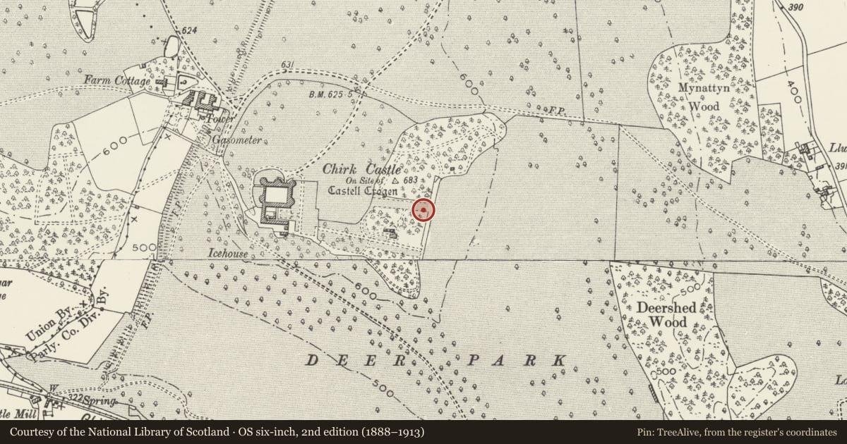 Ordnance Survey six-inch map, 2nd edition (1888–1913) covering the location of Ha-ha at the E end of the E Garden, Chirk, Wrexham, with a pin at the register's coordinates