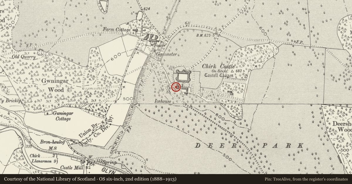 Ordnance Survey six-inch map, 2nd edition (1888–1913) covering the location of Stable Ranges, Chirk, Wrexham, with a pin at the register's coordinates