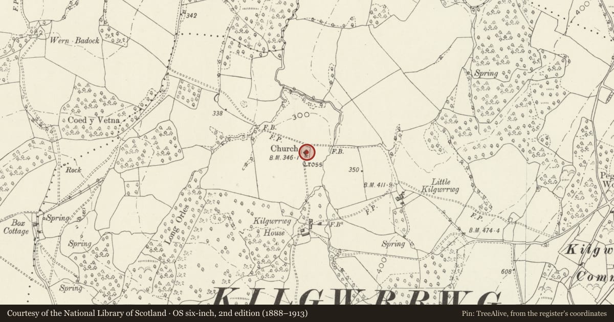 Ordnance Survey six-inch map, 2nd edition (1888–1913) covering the location of Church of the Holy Cross, Devauden, Monmouthshire, with a pin at the register's coordinates