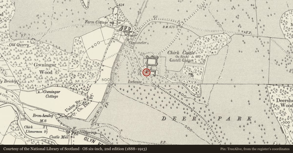 Ordnance Survey six-inch map, 2nd edition (1888–1913) covering the location of Screen Wall and Towers defining the S Stable Yard on the S side, Chirk, Wrexham, with a pin at the register's coordinates