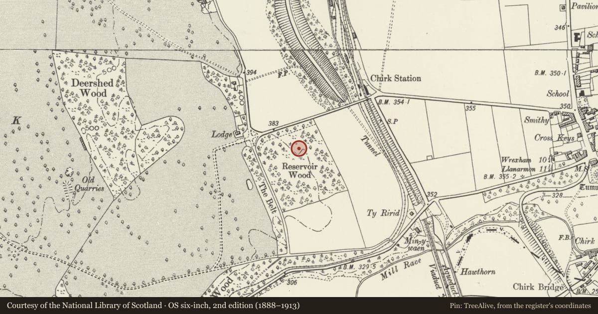 Ordnance Survey six-inch map, 2nd edition (1888–1913) covering the location of Town Reservoir, Chirk, Wrexham, with a pin at the register's coordinates