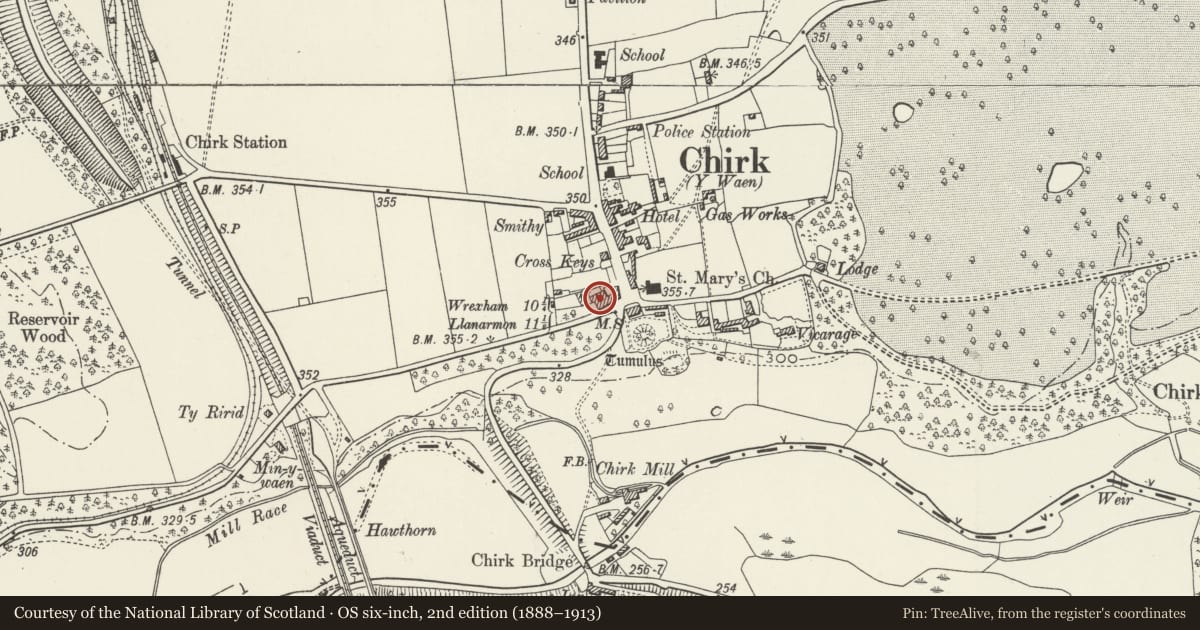 Ordnance Survey six-inch map, 2nd edition (1888–1913) covering the location of Bryn Eglwys, Chirk, Wrexham, with a pin at the register's coordinates