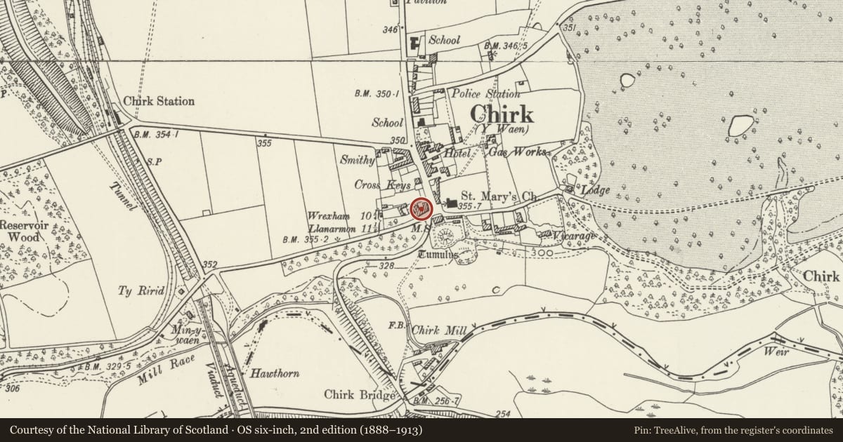 Ordnance Survey six-inch map, 2nd edition (1888–1913) covering the location of Chirk Surgery, Wrexham, with a pin at the register's coordinates