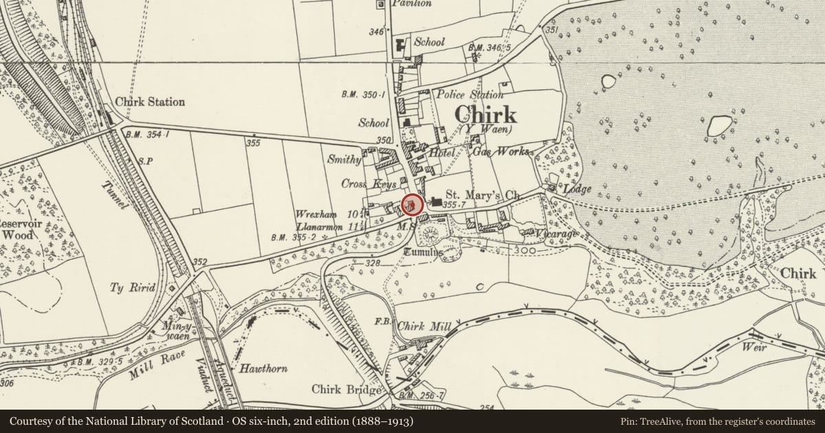 Ordnance Survey six-inch map, 2nd edition (1888–1913) covering the location of 1 Castle Road, Chirk, Wrexham, with a pin at the register's coordinates
