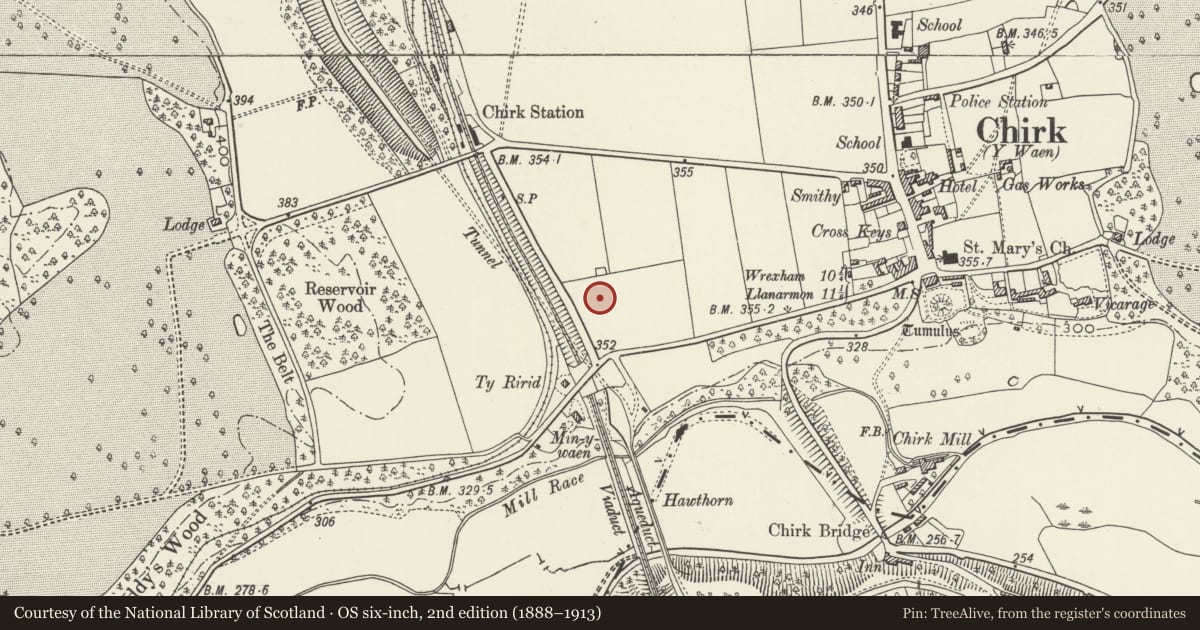 Ordnance Survey six-inch map, 2nd edition (1888–1913) covering the location of Whitewalls, Chirk, Wrexham, with a pin at the register's coordinates