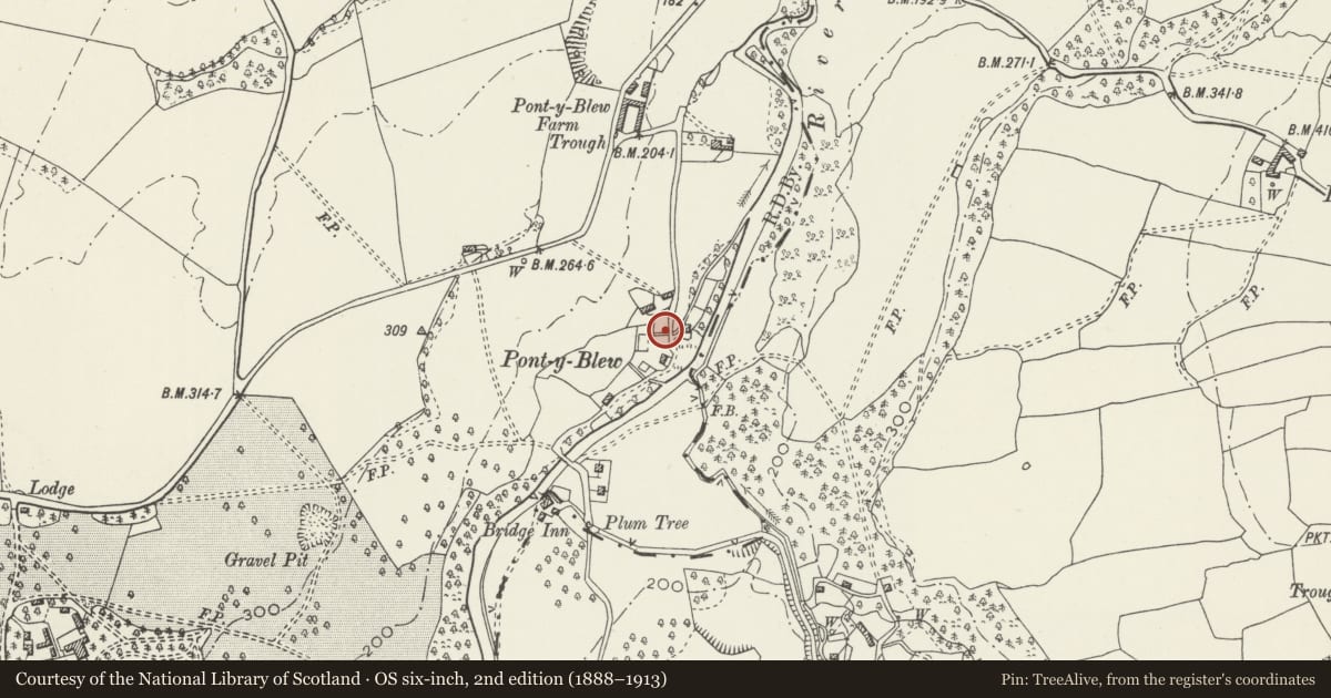 Ordnance Survey six-inch map, 2nd edition (1888–1913) covering the location of Remains of Forge at Pont-y-blew, Chirk, Wrexham, with a pin at the register's coordinates