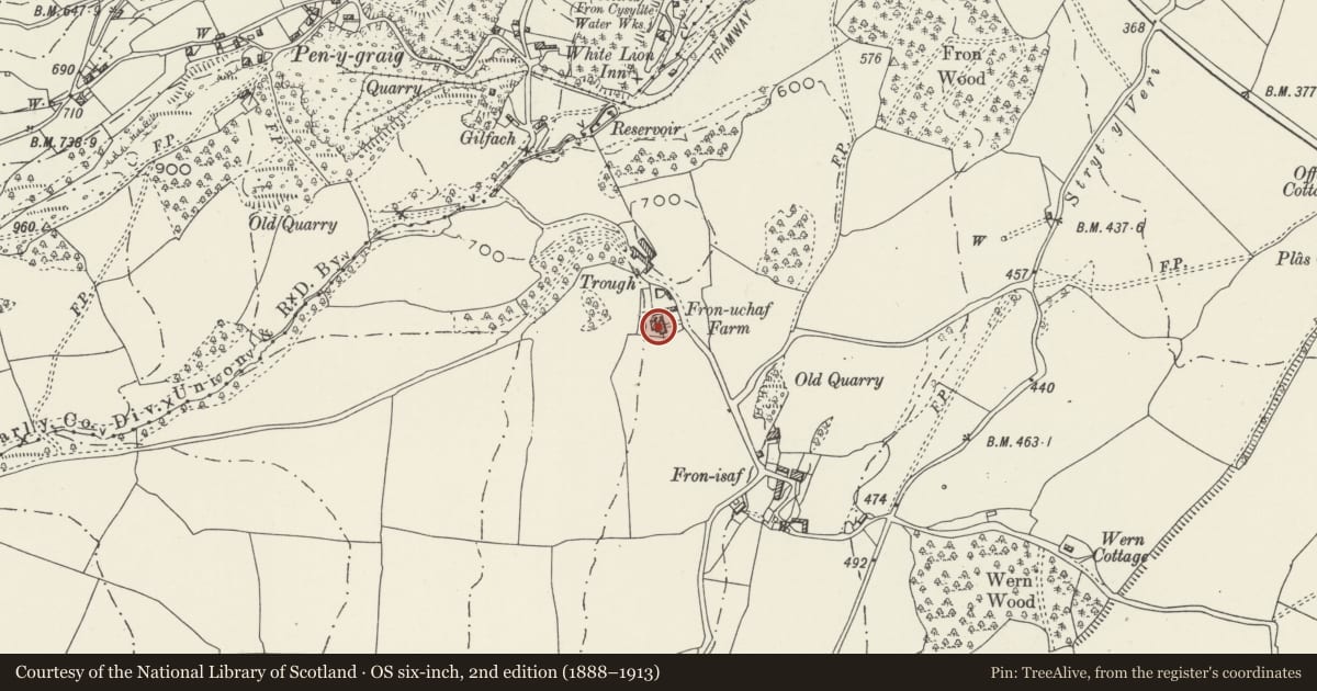 Ordnance Survey six-inch map, 2nd edition (1888–1913) covering the location of Fron-uchaf Farmhouse, Chirk, Wrexham, with a pin at the register's coordinates