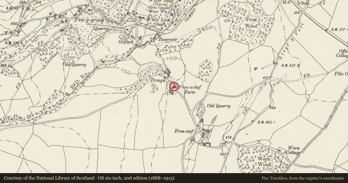Ordnance Survey six-inch map, 2nd edition (1888–1913) covering the location of Farm Building at Fron-uchaf Farm, with front garden wall, Chirk, Wrexham, with a pin at the register's coordinates