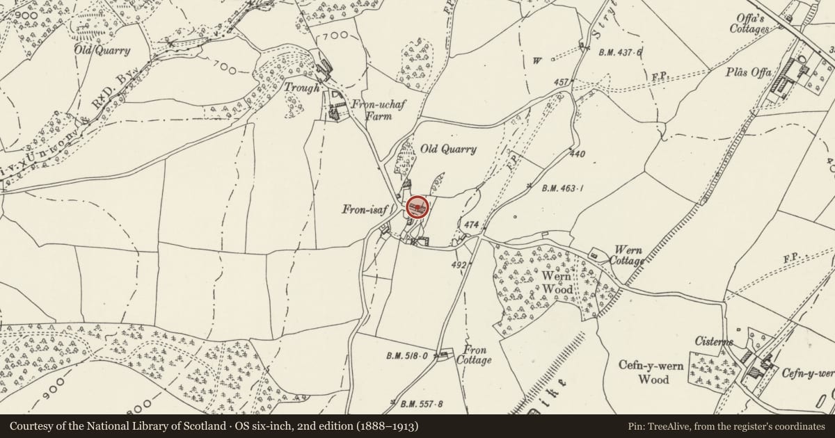 Ordnance Survey six-inch map, 2nd edition (1888–1913) covering the location of Rob's Cottage, Greenfield and Arosfa, Chirk, Wrexham, with a pin at the register's coordinates