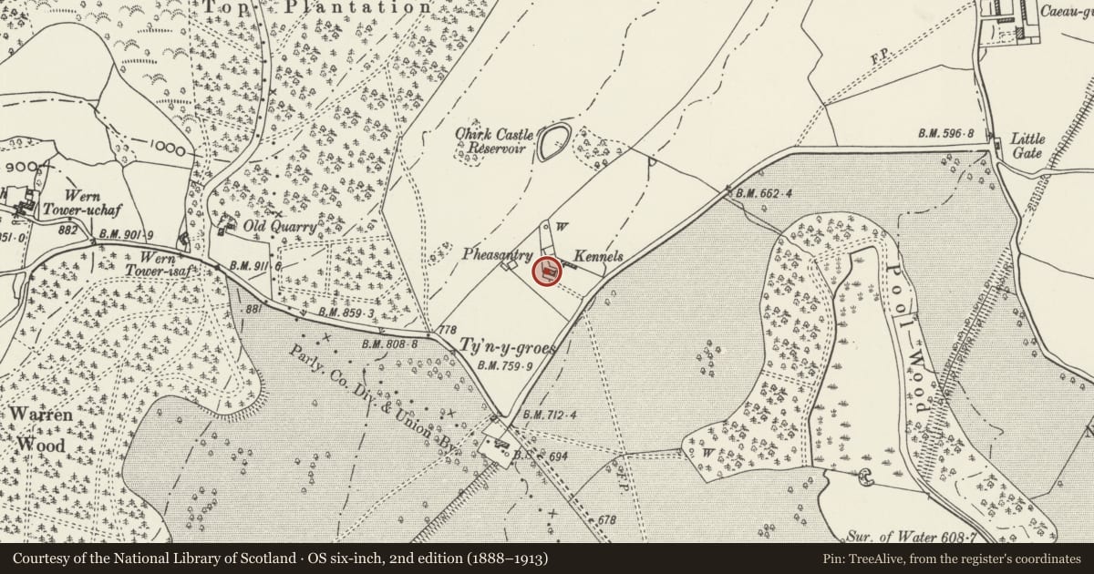 Ordnance Survey six-inch map, 2nd edition (1888–1913) covering the location of Cottage at The Kennels, Chirk, Wrexham, with a pin at the register's coordinates