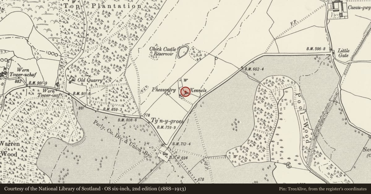 Ordnance Survey six-inch map, 2nd edition (1888–1913) covering the location of The Kennels, Chirk, Wrexham, with a pin at the register's coordinates