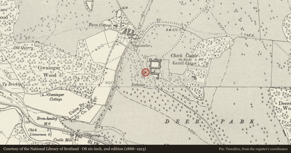 Ordnance Survey six-inch map, 2nd edition (1888–1913) covering the location of Wall bounding driveway to the Stables and continuing the stable yard screen, Chirk, Wrexham, with a pin at the register's coordinates