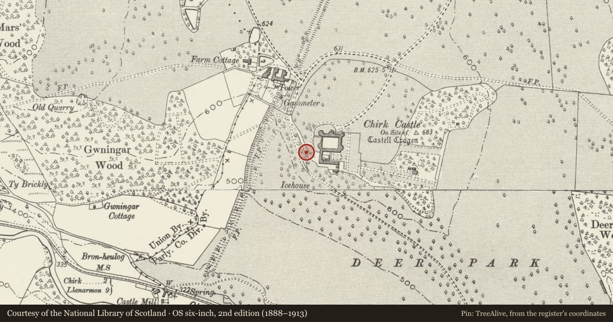 Ordnance Survey six-inch map, 2nd edition (1888–1913) covering the location of Wall on the NE side of the driveway to the Stables, Chirk, Wrexham, with a pin at the register's coordinates