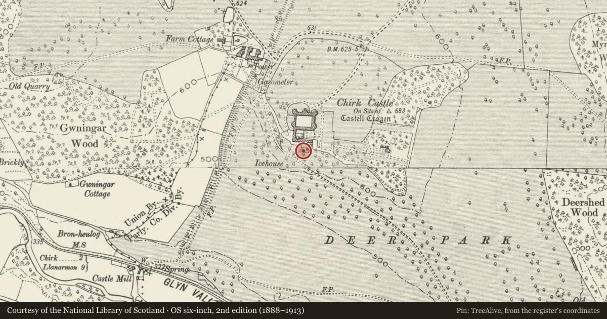 Ordnance Survey six-inch map, 2nd edition (1888–1913) covering the location of Dovecote, Chirk, Wrexham, with a pin at the register's coordinates