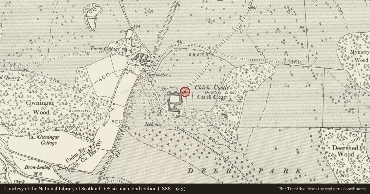 Ordnance Survey six-inch map, 2nd edition (1888–1913) covering the location of Gates to E Garden, Chirk, Wrexham, with a pin at the register's coordinates