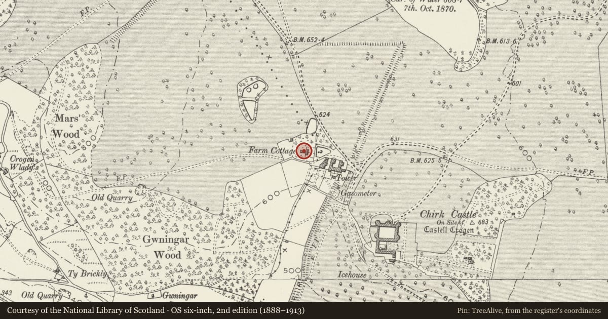 Ordnance Survey six-inch map, 2nd edition (1888–1913) covering the location of Nos 1 and 2 Home Farm Cottages, Chirk, Wrexham, with a pin at the register's coordinates
