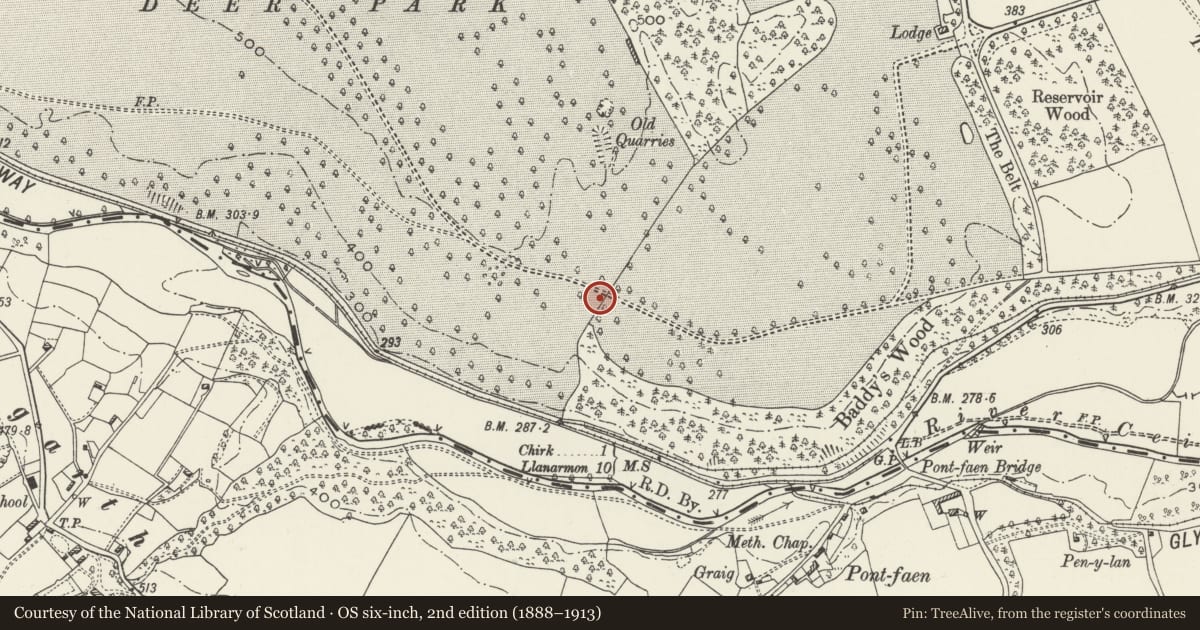 Ordnance Survey six-inch map, 2nd edition (1888–1913) covering the location of Deerpark Lodge, Chirk, Wrexham, with a pin at the register's coordinates