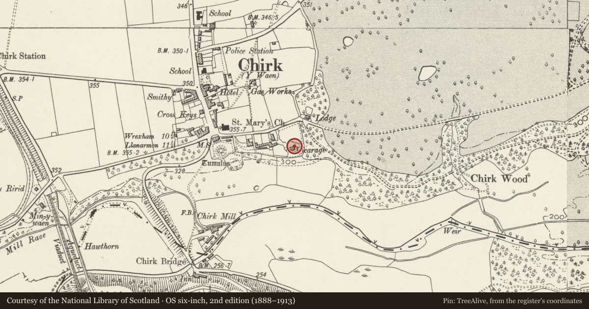 Ordnance Survey six-inch map, 2nd edition (1888–1913) covering the location of St Michael's Nursing Home, Chirk, Wrexham, with a pin at the register's coordinates