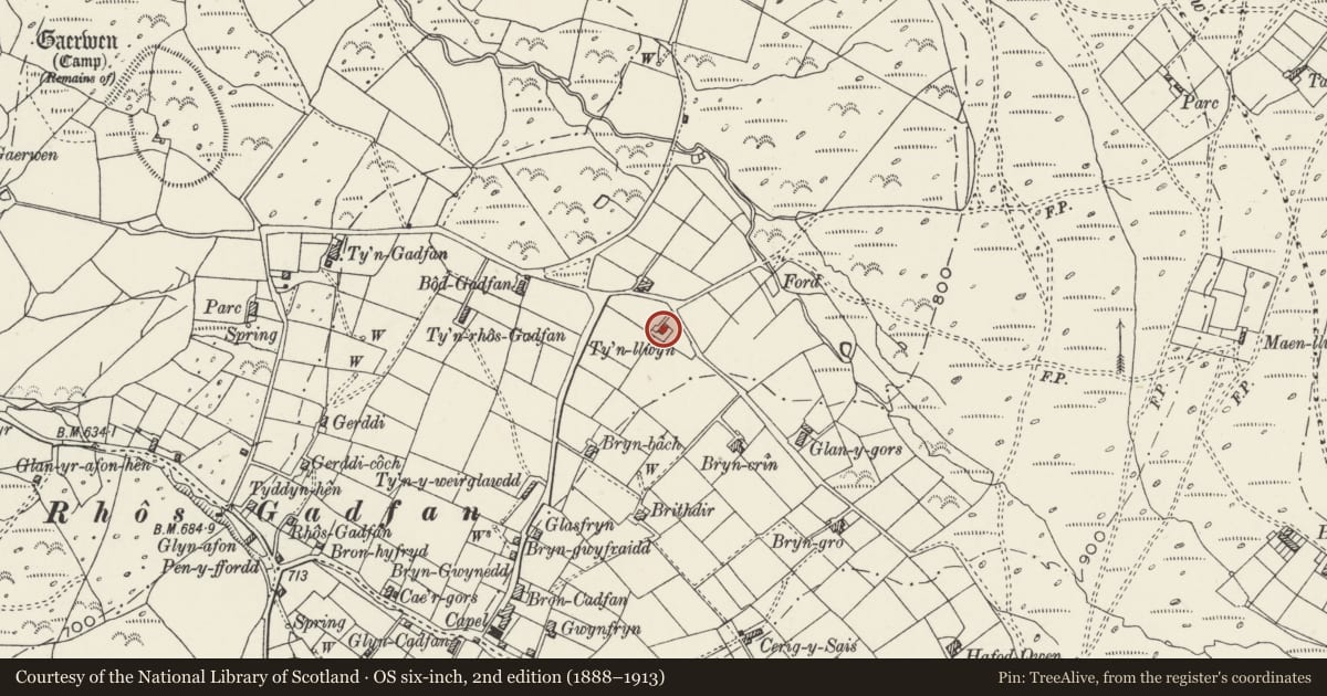 Ordnance Survey six-inch map, 2nd edition (1888–1913) covering the location of Tyn Llwyn, Llanwnda, Gwynedd, with a pin at the register's coordinates