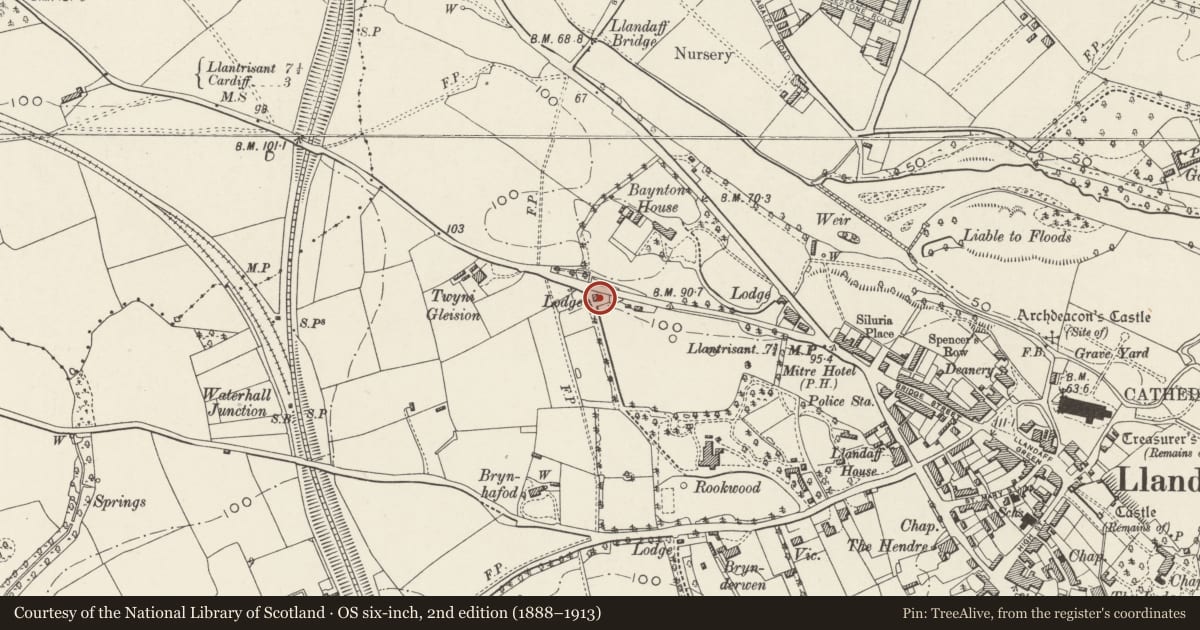 Ordnance Survey six-inch map, 2nd edition (1888–1913) covering the location of Former North Lodge to Rookwood House, Llandaff, Cardiff, with a pin at the register's coordinates