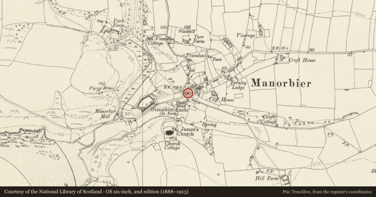 Ordnance Survey six-inch map, 2nd edition (1888–1913) covering the location of Manorbier Village Hall, Pembrokeshire, with a pin at the register's coordinates