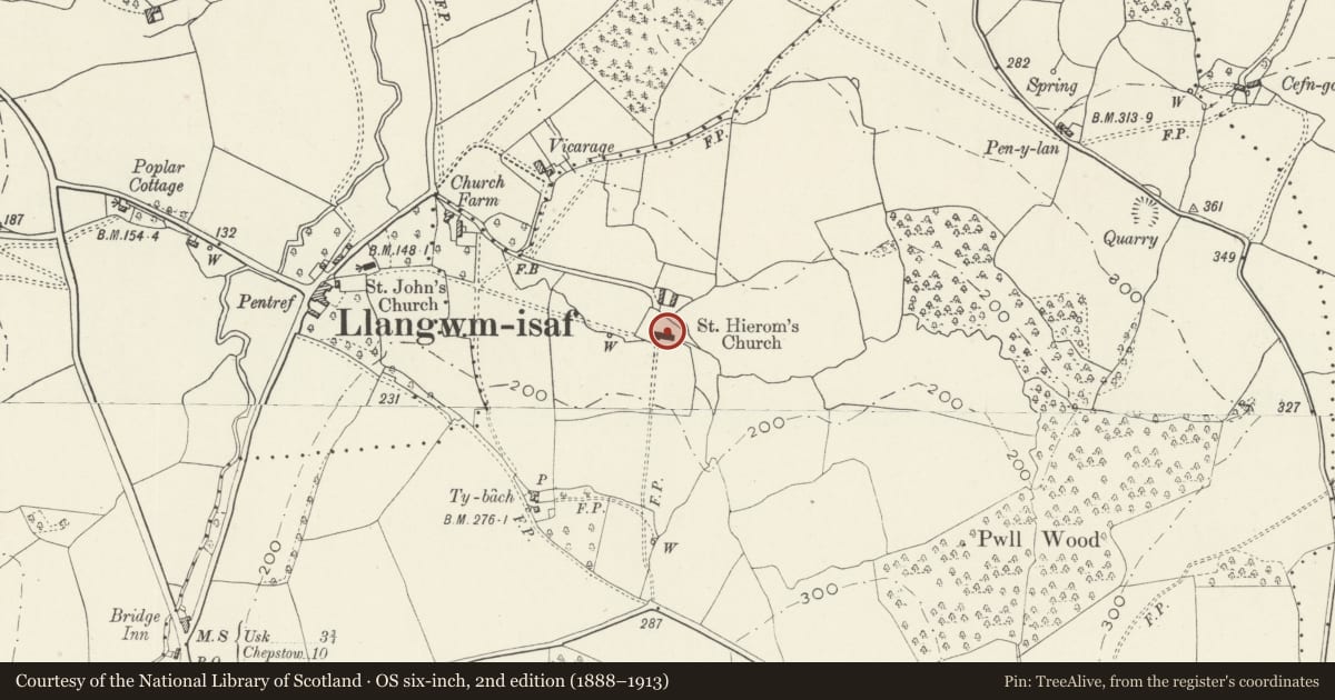 Ordnance Survey six-inch map, 2nd edition (1888–1913) covering the location of Church of St Jerome, Llantrisant Fawr, Monmouthshire, with a pin at the register's coordinates