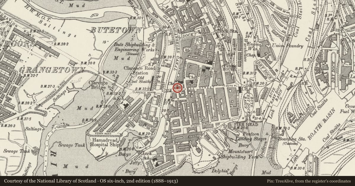 Ordnance Survey six-inch map, 2nd edition (1888–1913) covering the location of White Hart Public House, Butetown, Cardiff, with a pin at the register's coordinates