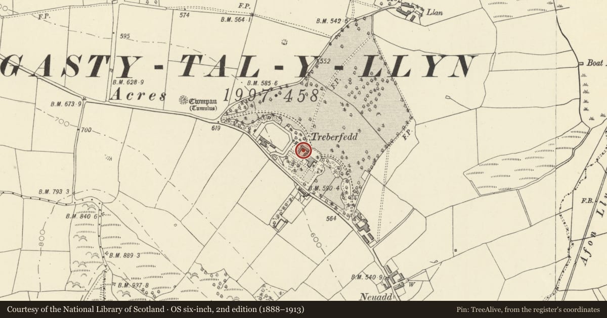 Ordnance Survey six-inch map, 2nd edition (1888–1913) covering the location of Stable courtyard at Treberfydd, Llangors, Powys, with a pin at the register's coordinates