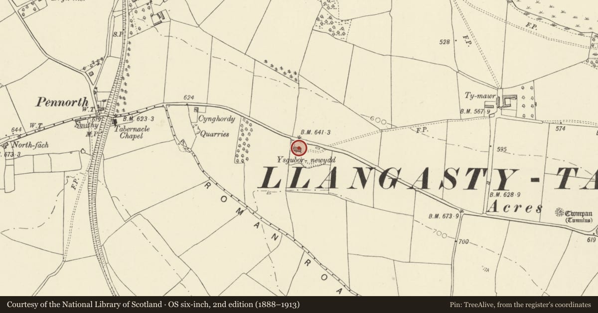 Ordnance Survey six-inch map, 2nd edition (1888–1913) covering the location of Ysgubor Newydd, Llangors, Powys, with a pin at the register's coordinates
