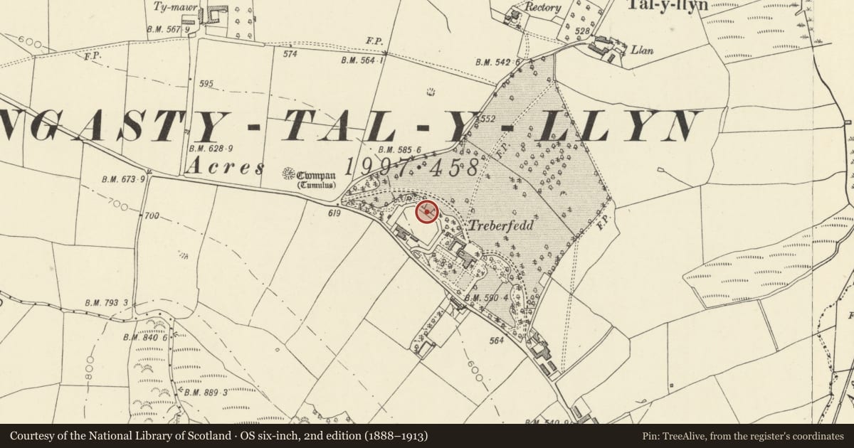 Ordnance Survey six-inch map, 2nd edition (1888–1913) covering the location of Walled garden at Treberfydd, Llangors, Powys, with a pin at the register's coordinates