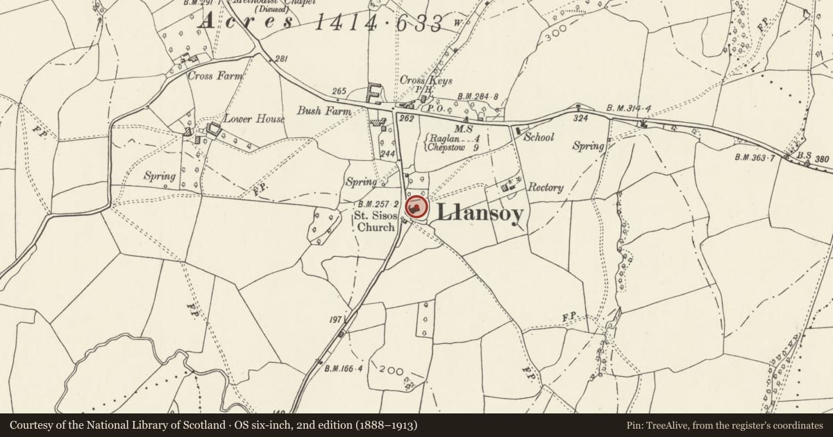 Ordnance Survey six-inch map, 2nd edition (1888–1913) covering the location of Church of St Tysoi, Llantrisant Fawr, Monmouthshire, with a pin at the register's coordinates