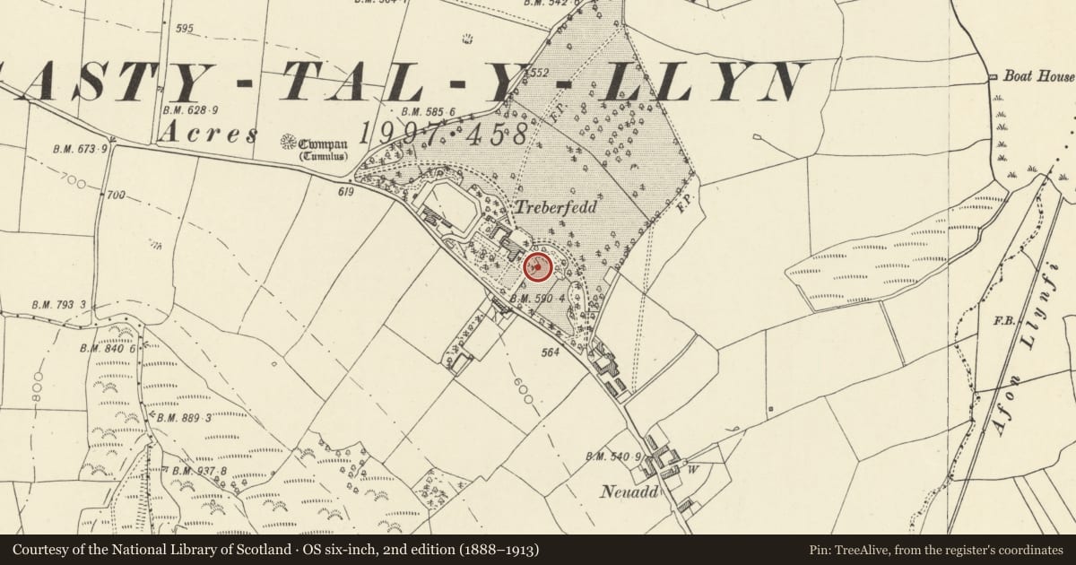 Ordnance Survey six-inch map, 2nd edition (1888–1913) covering the location of Walled terrace and steps in Treberfydd garden, Llangors, Powys, with a pin at the register's coordinates