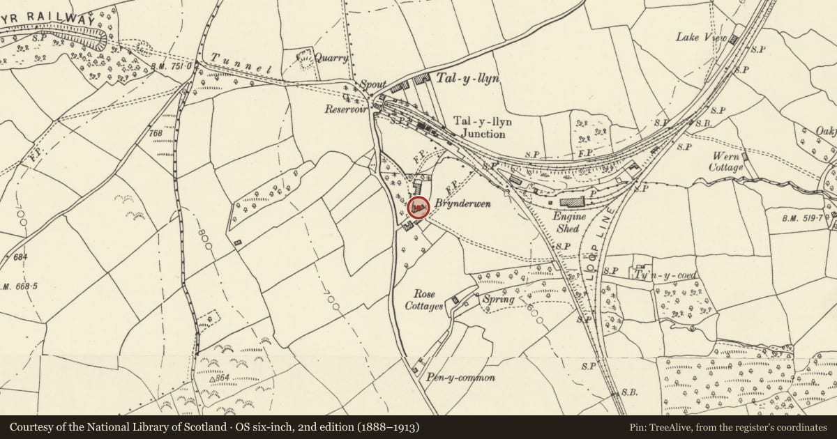 Ordnance Survey six-inch map, 2nd edition (1888–1913) covering the location of Cartshed and granary at Brynderwen, Llangors, Powys, with a pin at the register's coordinates