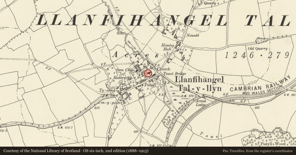Ordnance Survey six-inch map, 2nd edition (1888–1913) covering the location of Group of 2 chest tombs in the churchyard to SW of church of St Michael and All Angels, Llangors, Powys, with a pin at the register's coordinates