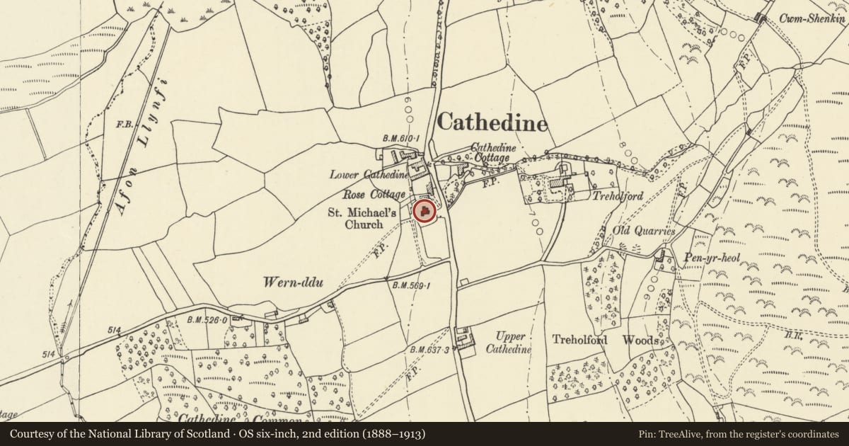 Ordnance Survey six-inch map, 2nd edition (1888–1913) covering the location of Church of St Michael, Llangors, Powys, with a pin at the register's coordinates
