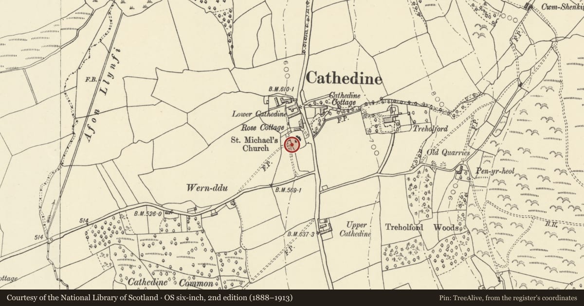 Ordnance Survey six-inch map, 2nd edition (1888–1913) covering the location of Shortreed monument in the churchyard to SW of church of St Michael, Llangors, Powys, with a pin at the register's coordinates