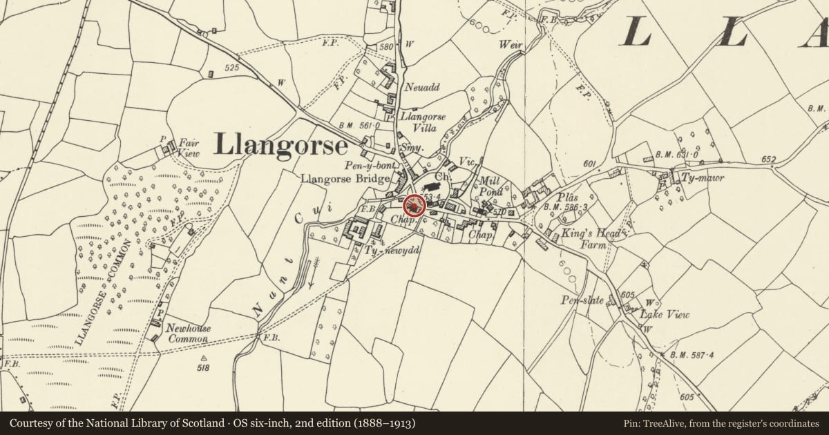 Ordnance Survey six-inch map, 2nd edition (1888–1913) covering the location of Penuel Chapel, Llangors, Powys, with a pin at the register's coordinates